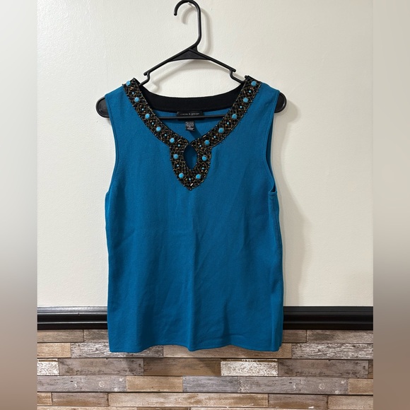 Cable & Gauge Tops - Cable & Gauge Teal Tank Top with Black Embellishments Petite Large